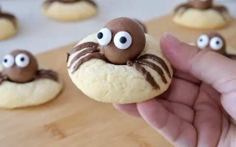 Des cookies araignée adorables avec des yeux en sucre et des pattes en chocolat, prêts à être dégustés.