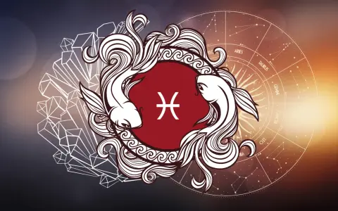 Dwa stylizowane ryby otaczają symbol Ryb, na tle koła zodiaku i kryształów.