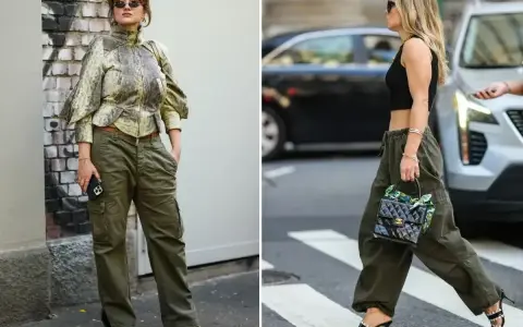 Dwie kobiety w spodniach bojówkach w kolorze khaki. Jedna w stylizacji z kurtką, druga w krótkim topie.