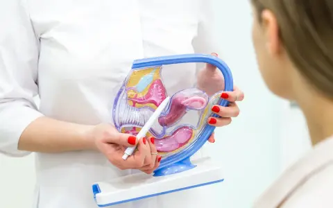 Lekarka pokazuje model narządów rodnych, wyjaśniając objawy tyłozgięcia macicy.