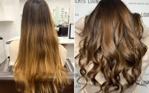 Vorher/Nachher: Blondes Haar wird zu sattem Braun. Perfekt, wenn man die Haarfarbe rauswachsen lassen möchte und einen neuen Look will.