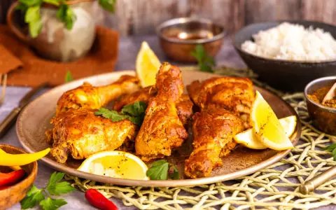 Saftiges Chicken Tandoori auf einem Teller mit Zitronenspalten und Koriander. Daneben Reis und Gewürze.