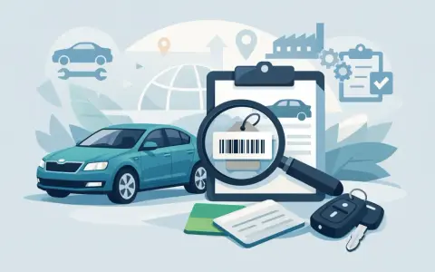 Blauer Skoda mit Lupe auf Barcode-Etikett, Schlüssel und Dokumente. Prüfen der pr nummer skoda für Qualität.