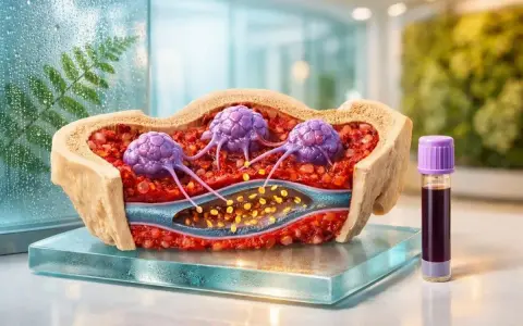 Modell des Knochenmarks mit lila Zellen, die sich in ein Blutgefäß ausbreiten. Mögliche Ursache für thrombozyten zu hoch. Blutprobe daneben.
