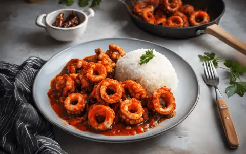 Calamares en salsa roja, servidos con arroz blanco y decorados con perejil. Un plato delicioso y apetitoso.