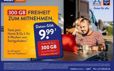 ALDI TALK Daten-SIM: 300 GB Freiheit für 4 Wochen für nur 9,99 € mit bis zu 100 Mbit/s. Gutes Netz der Telefónica.