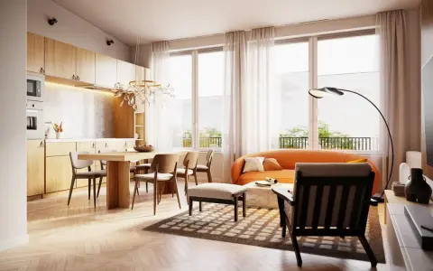 Nowoczesny salon z jadalnią i kuchnią, idealny do kursu wizualizacji architektonicznych. Jasne drewno, pomarańczowa sofa i designerska lampa.