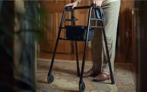 Osoba z chodzikiem, po endoprotezie stawu biodrowego, zastanawia się, jaki stopień niepełnosprawności jej przysługuje.