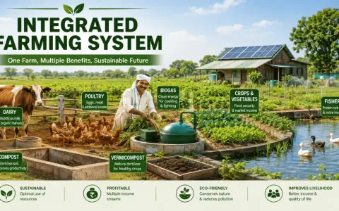 Integrated farming system with dairy cows, poultry, crops, vegetables, and fishery. This sustainable approach benefits livelihood.