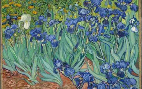 Un jardin d'iris bleus et une iris blanche, baigné de lumière. Une œuvre post-impressionniste vibrante de couleurs.