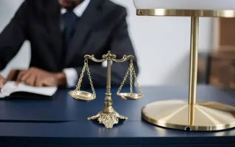 Bilancia della giustizia e avvocato che scrive, simboli di cos'è la sentenza.