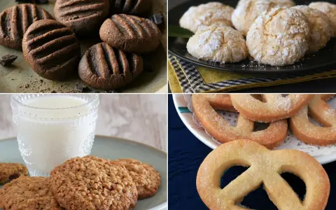 Cuatro tipos de galletas caseras: de chocolate, craqueladas, de avena y de mantequilla con forma de pretzel.