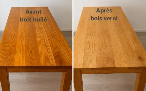Avant bois huilé, après bois verni. La question "peut on vernir après huile de lin" est illustrée par ce comparatif visuel.