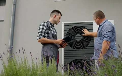 Technik z tabletem i klient przy pompie ciepła. Rozmawiają o ekonomicznym ustawieniu pompy ciepła, by zapewnić optymalne ogrzewanie domu.