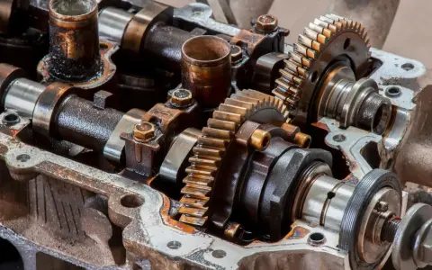Mechanizm zmienne fazy rozrządu w silniku, z widocznymi wałkami, kołami zębatymi i śladami oleju.