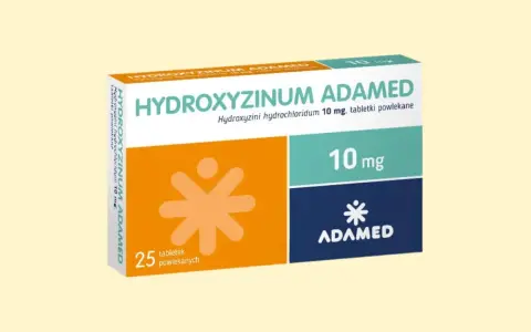 Opakowanie leku Hydroxyzine Adamed 10 mg, zawierające 25 tabletek powlekanych.