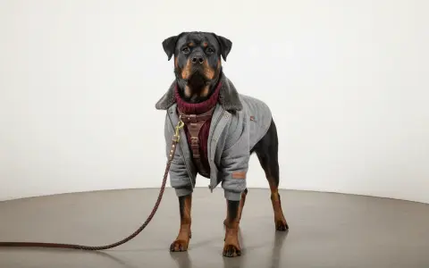 Rottweiler con maglione bordeaux e giacca trapuntata grigia, mostrando diversi tipi di vestiti nomi per cani.