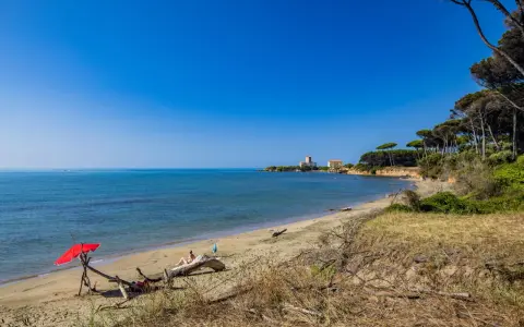 Torre Astura e la sua spiaggia, con un ombrellone rosso e una persona che si rilassa su un tronco.