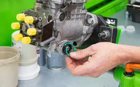 Hand replaces a green O-ring on a Bosch Einspritzpumpe, part of the process to einspritzpumpe reparieren.