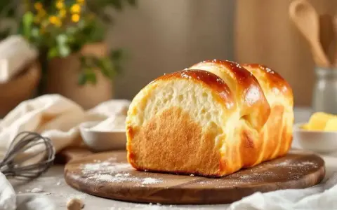 Pain brioché doré, résultat d'une fabrication de levure de boulanger réussie. Farine, fouet et beurre à proximité.