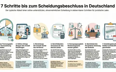 7 Schritte zur Scheidung: Trennungsjahr, Online-Antrag, Einreichung, Kosten, Versorgungsausgleich, Anhörung, Beschluss. Scheidungstermin verschieben ist nicht Teil des Prozesses.