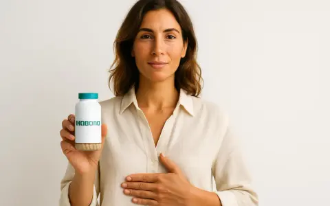 Donna con flacone di probiotici, per capire a cosa servono i probiotici per il benessere intestinale.