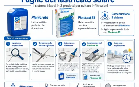 Sistema Mapei per fughe lastricato solare: Planicrete per adesione, Planiseal 88 per sigillo impermeabile. Guida alle fasi di lavorazione.