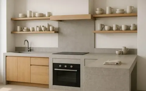 Progetto cucina in muratura moderna con pensili in legno, piano in resina e forno a incasso.