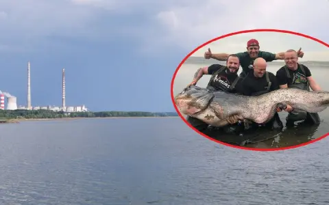 Czterech wędkarzy z gigantycznym sumem na tle elektrowni w Rybniku. Zalew Rybnik skrywa wielkie tajemnice.