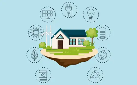 Casa con molino eólico y solar, rodeada de iconos que ilustran los pros y contras de las energías renovables: sol, hoja, barril, reciclaje, rayo, batería, bombilla y enchufe.