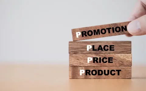 Drewniane klocki z napisami: Product, Price, Place, Promotion.