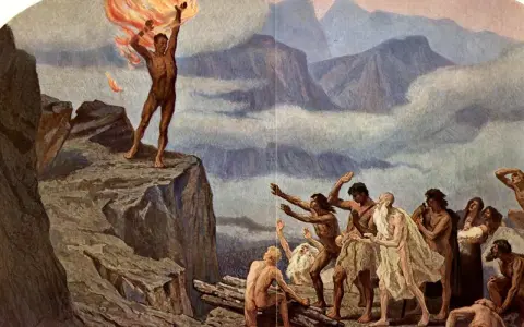 Prometheus, der Titan, bringt den Menschen das Feuer. Eine Gruppe von Menschen blickt voller Ehrfurcht auf das Geschenk, das den Prometheus-Mythos verkörpert.
