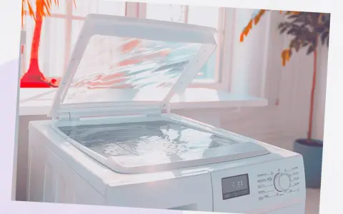 Machine à laver avec le couvercle ouvert, remplie d'eau. Un problème d'arrivée d'eau est visible.