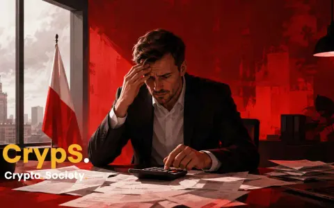 Zmartwiony mężczyzna liczy coś na kalkulatorze. Obok polska flaga. Może to nauka kursu Aave?
