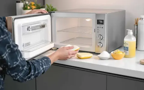 Une personne nettoie un mini four très encrassé avec une éponge. Des citrons, du bicarbonate et du liquide vaisselle sont à proximité.