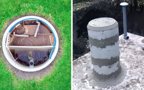 Widok z góry na wnętrze szamba septifos, po prawej betonowy kominek z rurą wentylacyjną.