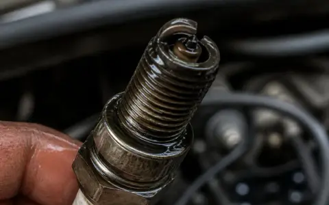 Bougie d'allumage d'un moteur 2 temps qui se noie, couverte d'huile.