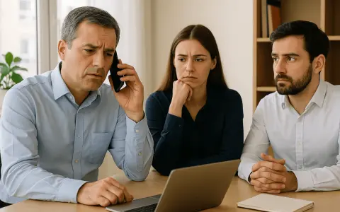 Trois personnes, visiblement préoccupées, discutent autour d'un ordinateur. L'homme au téléphone semble attendre une réponse du syndic.