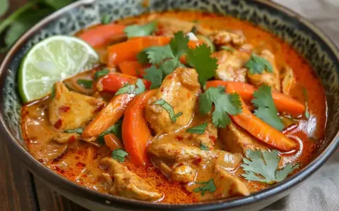 En skål med krämig, röd curry med kyckling, morötter och koriander. En limeklyfta ligger på kanten. En härlig thai mat.