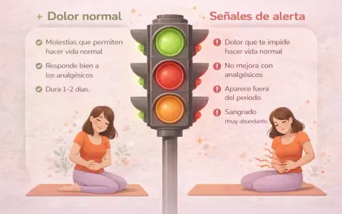 Semáforo de la dismenorrea: dolor normal (verde) vs. señales de alerta (rojo).