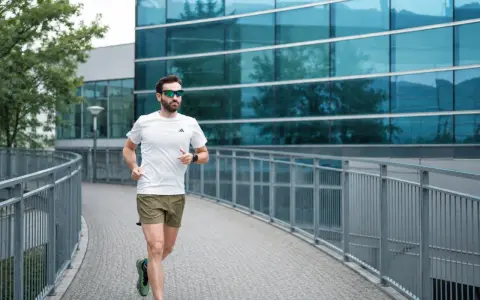 Uomo con barba corre su un ponte moderno, mostrando cos'è il running: libertà e benessere tra architettura e natura.