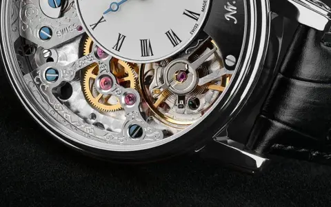 Dettaglio di un orologio scheletrato con ingranaggi dorati e rubini che riducono l'attrito, mostrando a cosa servono i rubini negli orologi.