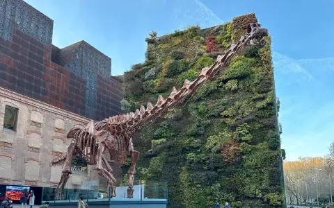 Szkielet dinozaura przed zieloną ścianą budynku. Madryt nietypowe atrakcje, które zaskakują.