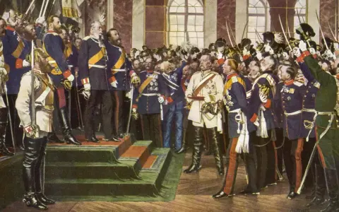 Männer in Uniformen, die die deutsche Frage im 19. Jahrhundert diskutieren. Kaiser Wilhelm I. und Bismarck im Zentrum.