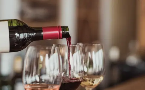 Rödvin hälls upp i glas under en vinprovning i Skåne. Rosé och vitt vin syns också.