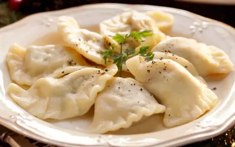 Talerz pełen idealnych, gotowanych pierogów, posypanych pieprzem i udekorowanych natką pietruszki.