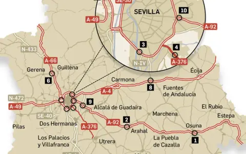 Mapa de radares en Sevilla y alrededores. Indica ubicaciones de controles de velocidad en carreteras como la A-4, A-92 y SE-40.