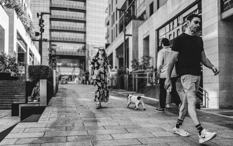 Street fotografia in bianco e nero: una donna con un vestito floreale passeggia con un cane, mentre altri camminano sullo sfondo.