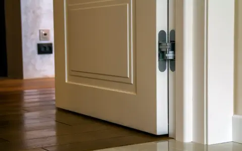 Białe drzwi z ukrytymi zawiasami, drewniana podłoga. Jak zmierzyć drzwi do starej futryny?