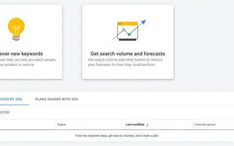 Interface du Google Keyword Planner : découvre de nouveaux mots-clés, leur volume de recherche et crée des plans.